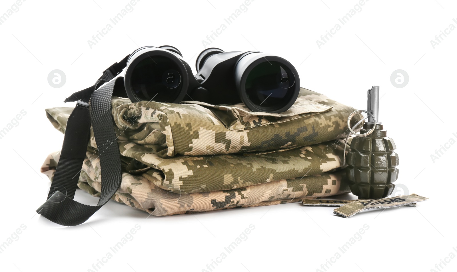 Photo of Military clothes, grenade and binocular on white background