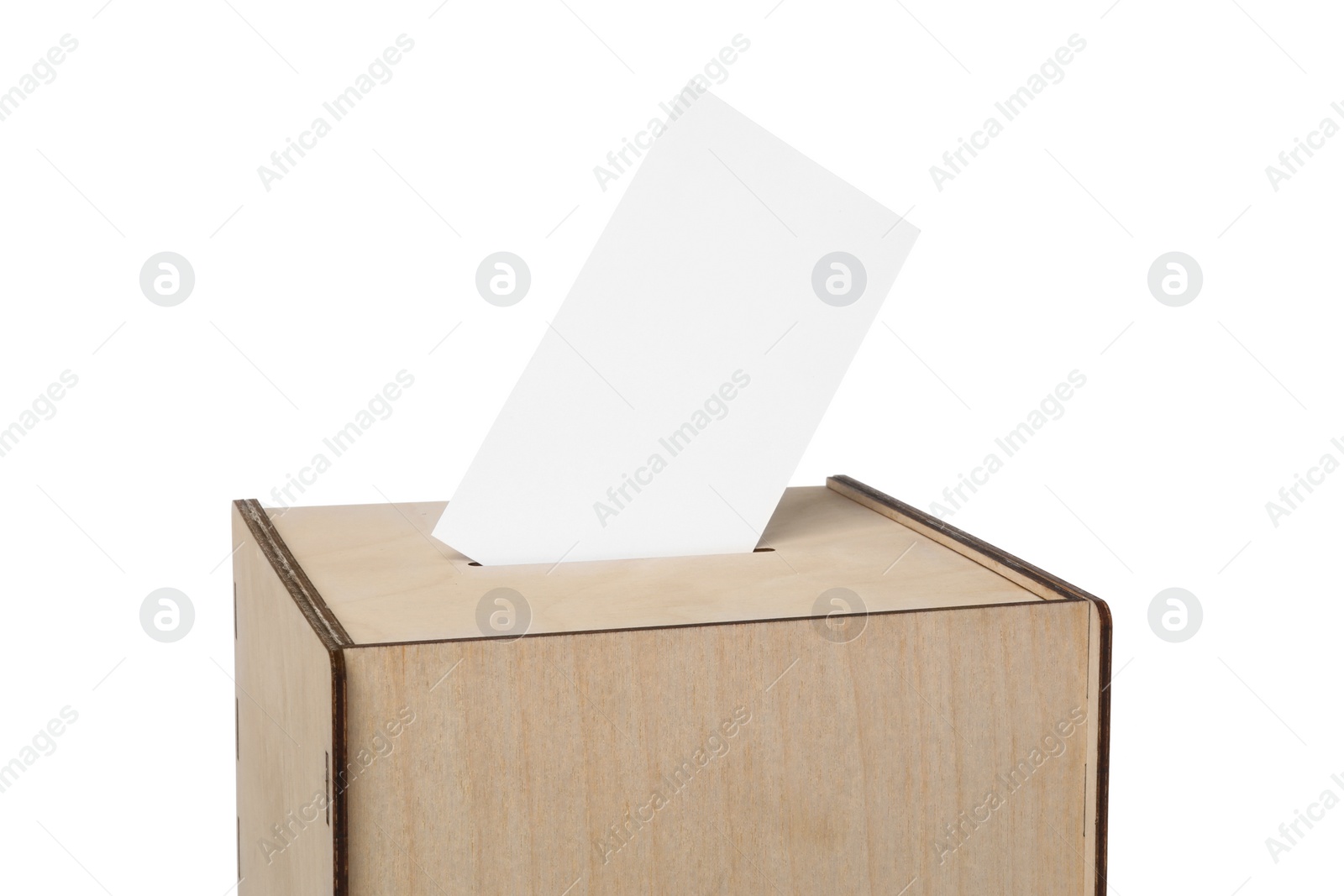 Photo of Wooden ballot box with vote isolated on white