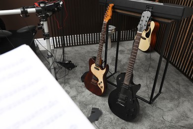 Photo of Musical instruments at recording studio. Band practice