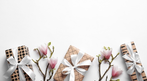 Photo of Beautiful composition with gift boxes on white background