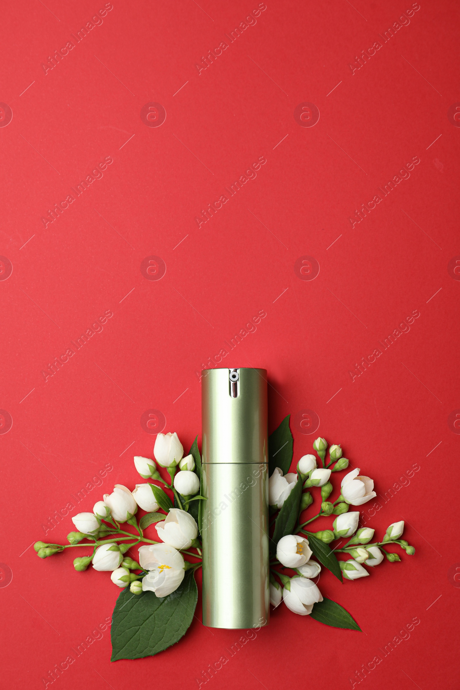Photo of Bottle of cosmetic product and flowers on red background, flat lay. Space for text