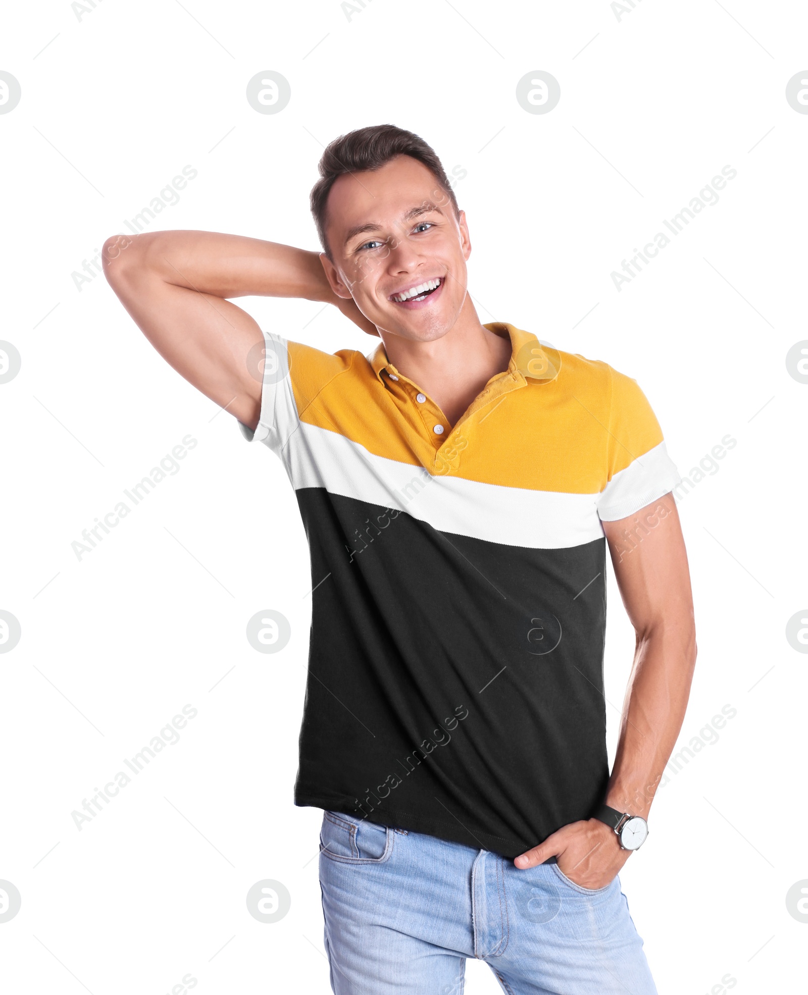 Photo of Portrait of handsome young man laughing on white background