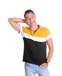 Portrait of handsome young man laughing on white background