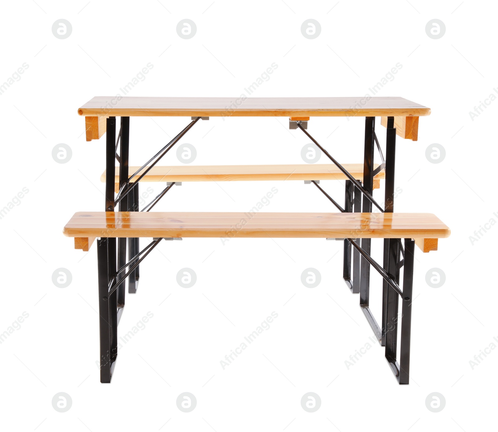 Photo of Wooden picnic table with benches on white background