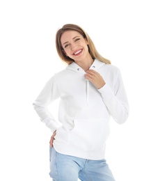 Portrait of woman in hoodie sweater on white background. Space for design