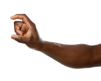 Photo of African-American man holding something in hand on white background, closeup