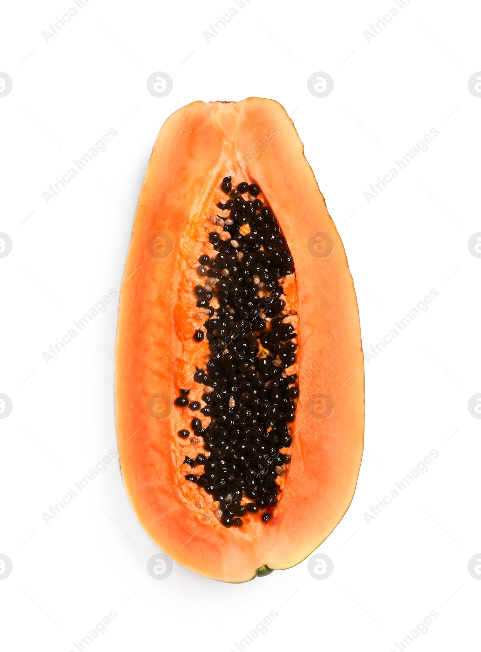 Photo of Fresh juicy halved papaya on white background, top view