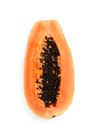 Photo of Fresh juicy halved papaya on white background, top view