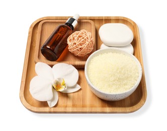 Sea salt in bowl, cosmetic product, spa stones and flower isolated on white