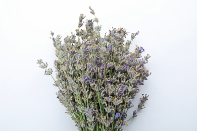 Photo of Beautiful blooming lavender flowers on white background