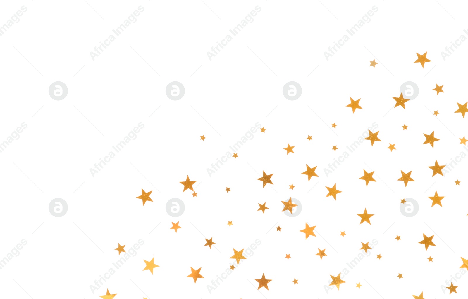Photo of Star shaped golden confetti on white background, top view