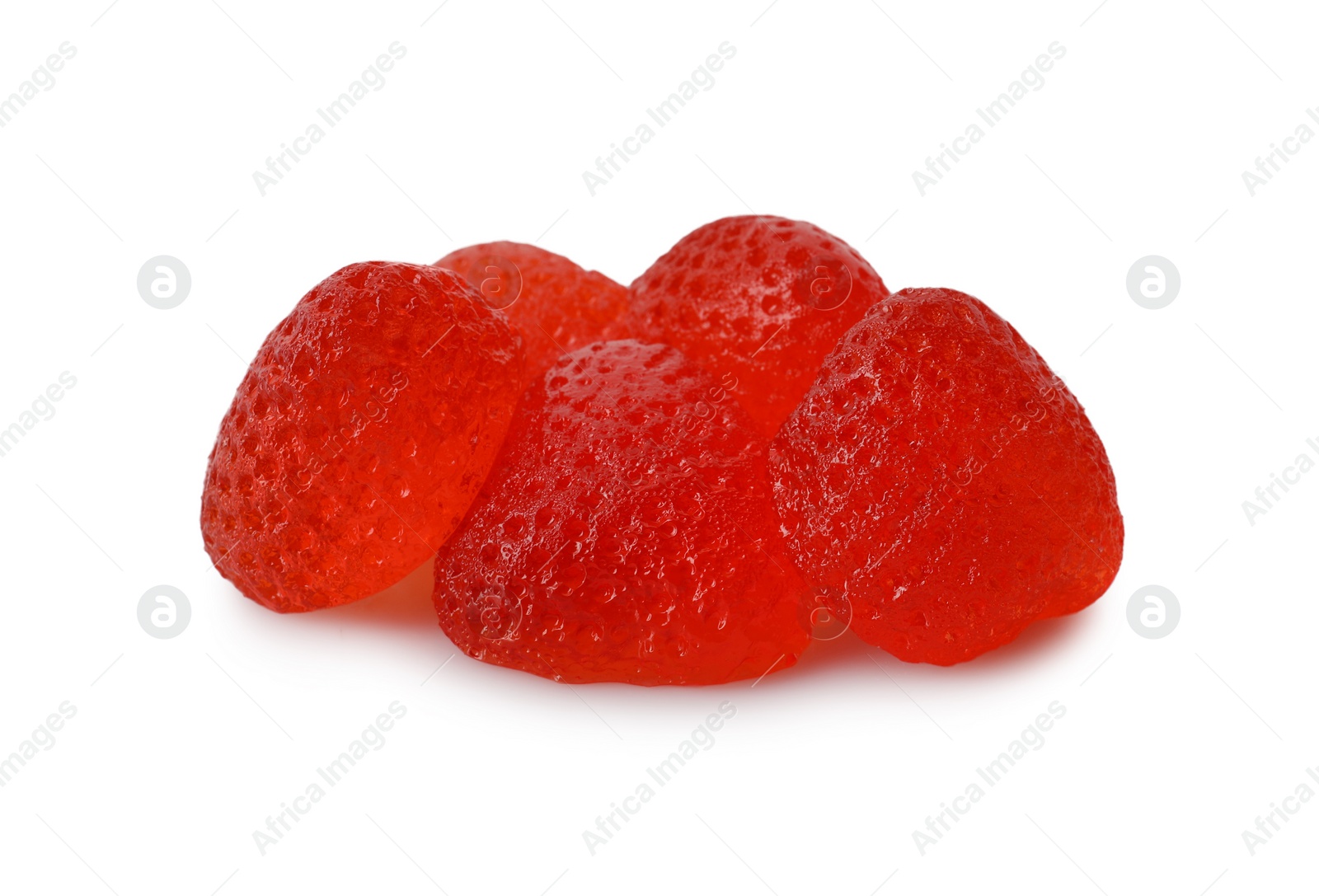 Photo of Pile of delicious gummy strawberry candies on white background