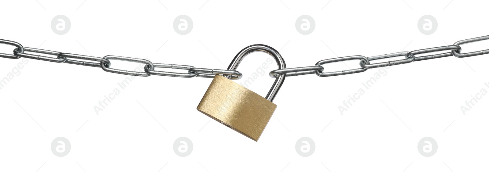 Photo of Steel padlock and chain isolated on white