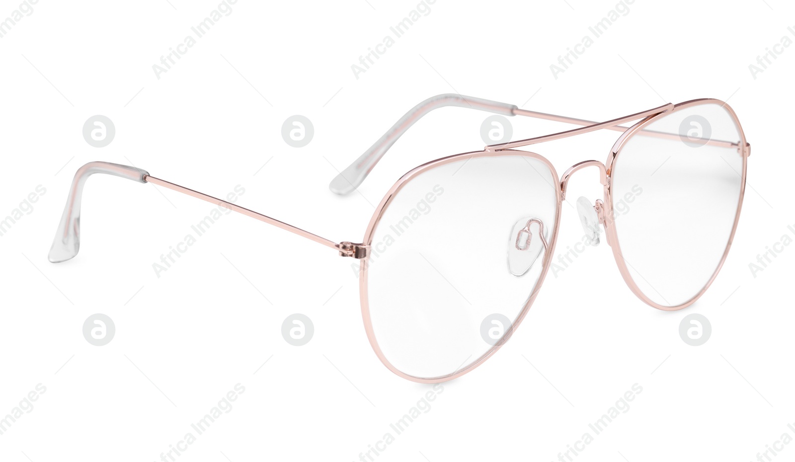 Photo of Stylish glasses with metal frame isolated on white