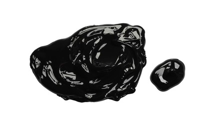 Photo of Black paint samples on white background, top view