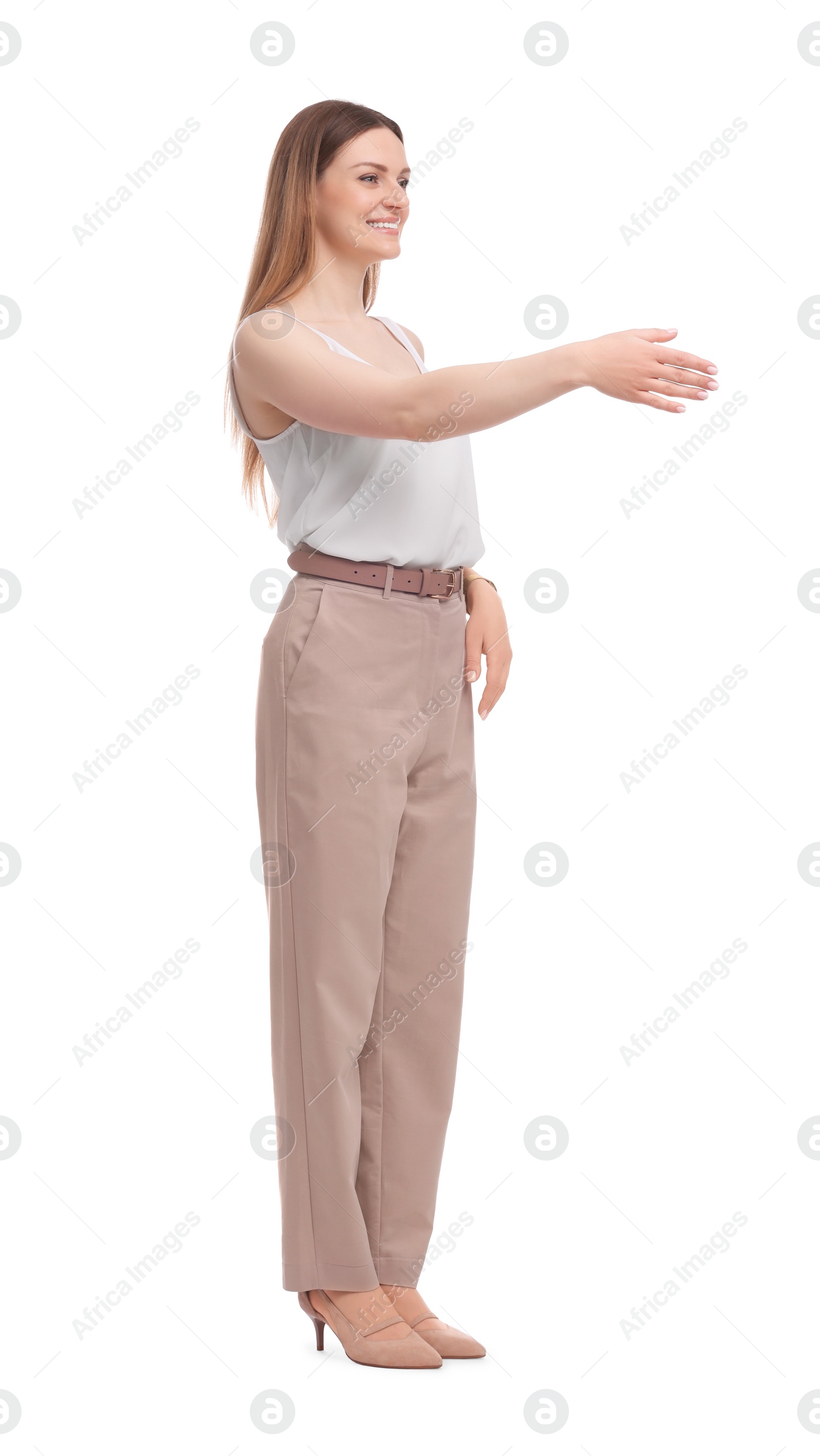 Photo of Beautiful business woman posing on white background