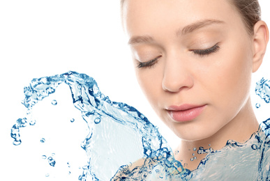 Image of Beautiful woman with perfect skin and splash of clear water on white background, banner design