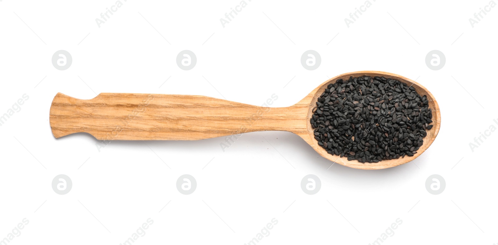 Photo of Wooden spoon with black sesame on white background. Different spices