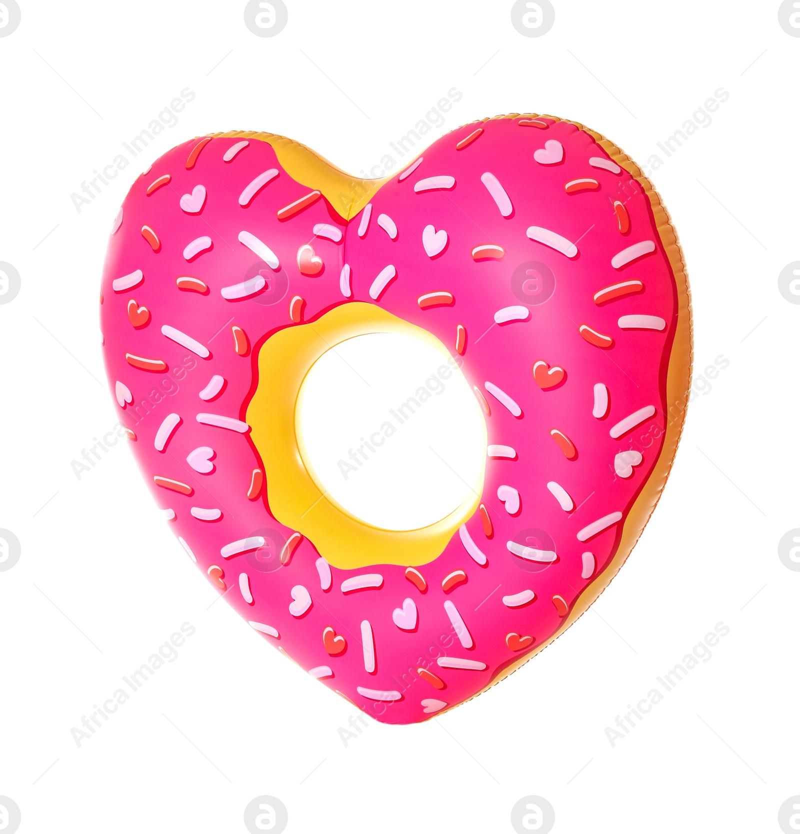 Photo of Bright heart-shaped inflatable ring on white background. Summer holidays