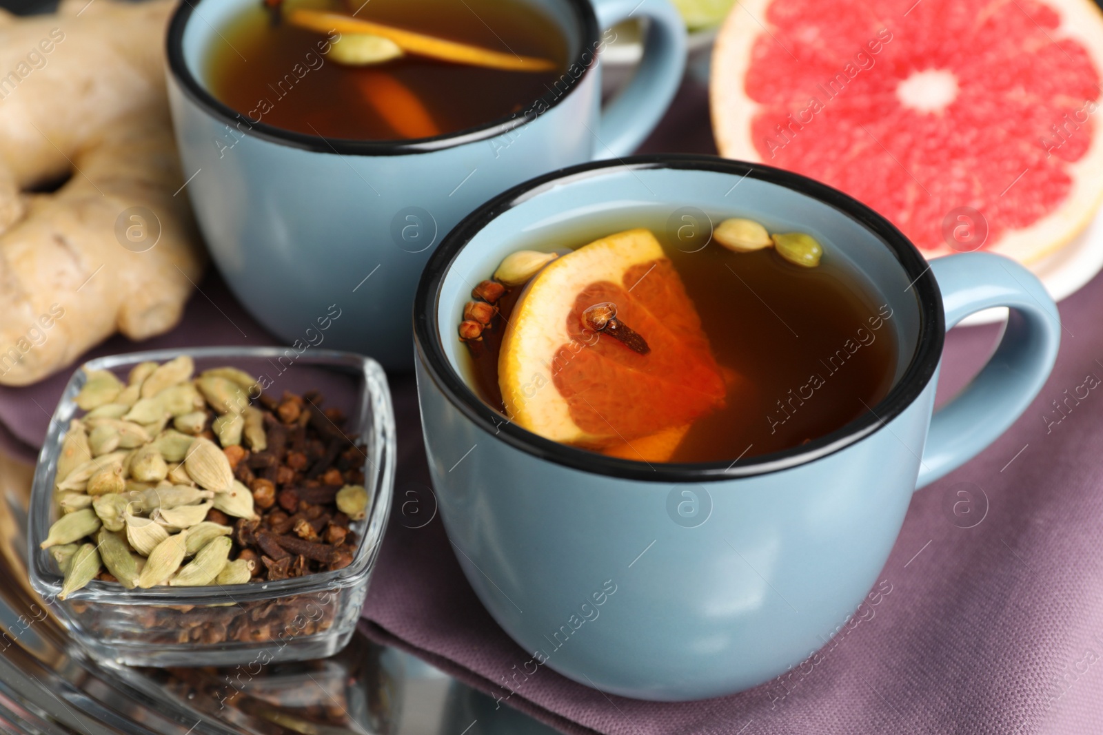 Photo of Immunity boosting drink and ingredients, closeup view