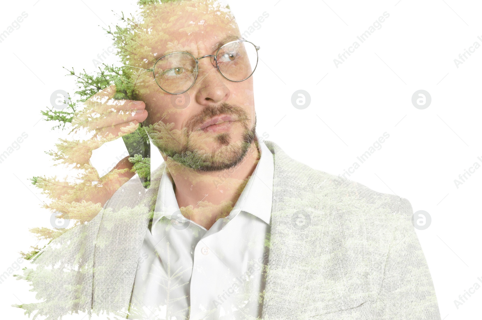 Image of Double exposure of businessman and trees on white background