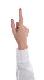 Photo of Woman pointing with index finger on white background, closeup