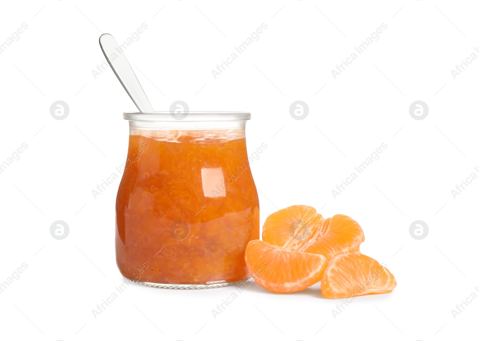 Photo of Jar of tasty jam and fresh tangerine on white background