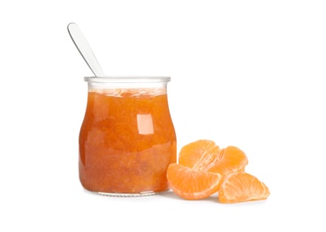 Photo of Jar of tasty jam and fresh tangerine on white background