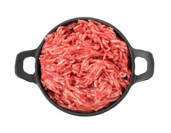 Photo of Raw ground meat in bowl isolated on white, top view