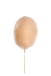 Photo of Young woman holding orange cotton candy on white background, closeup