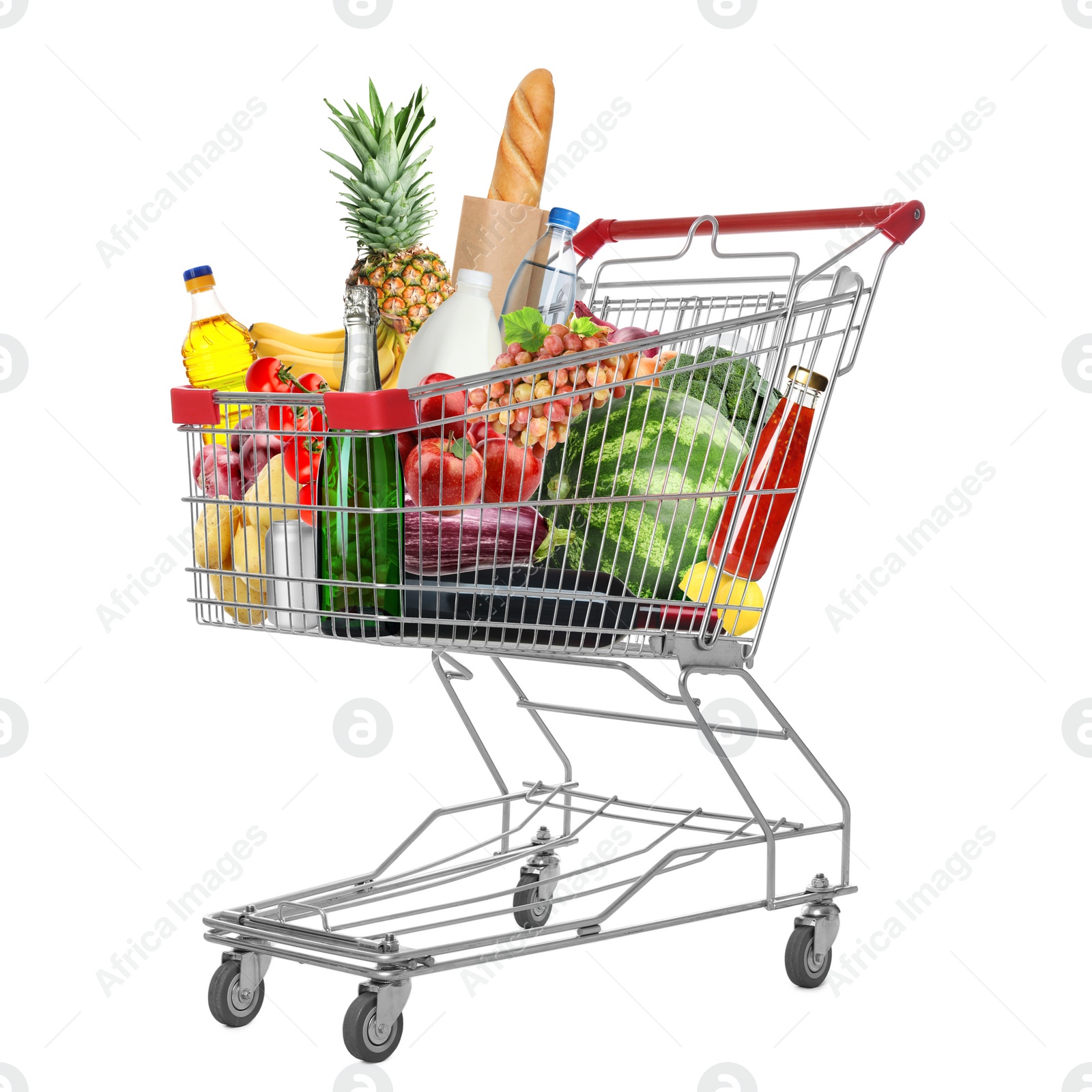 Image of Shopping cart with groceries on white background