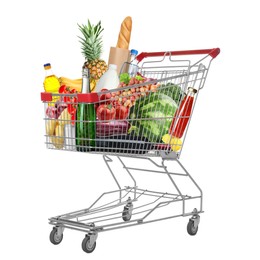 Image of Shopping cart with groceries on white background