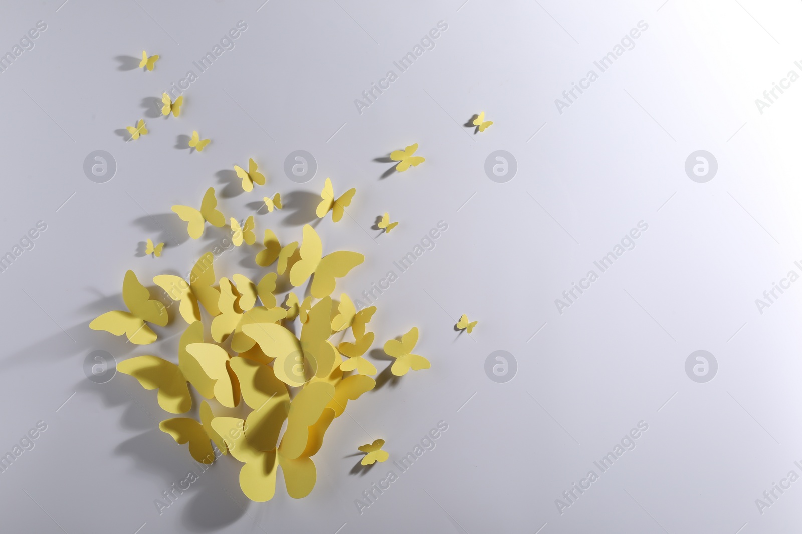 Photo of Yellow paper butterflies on white background, top view. Space for text