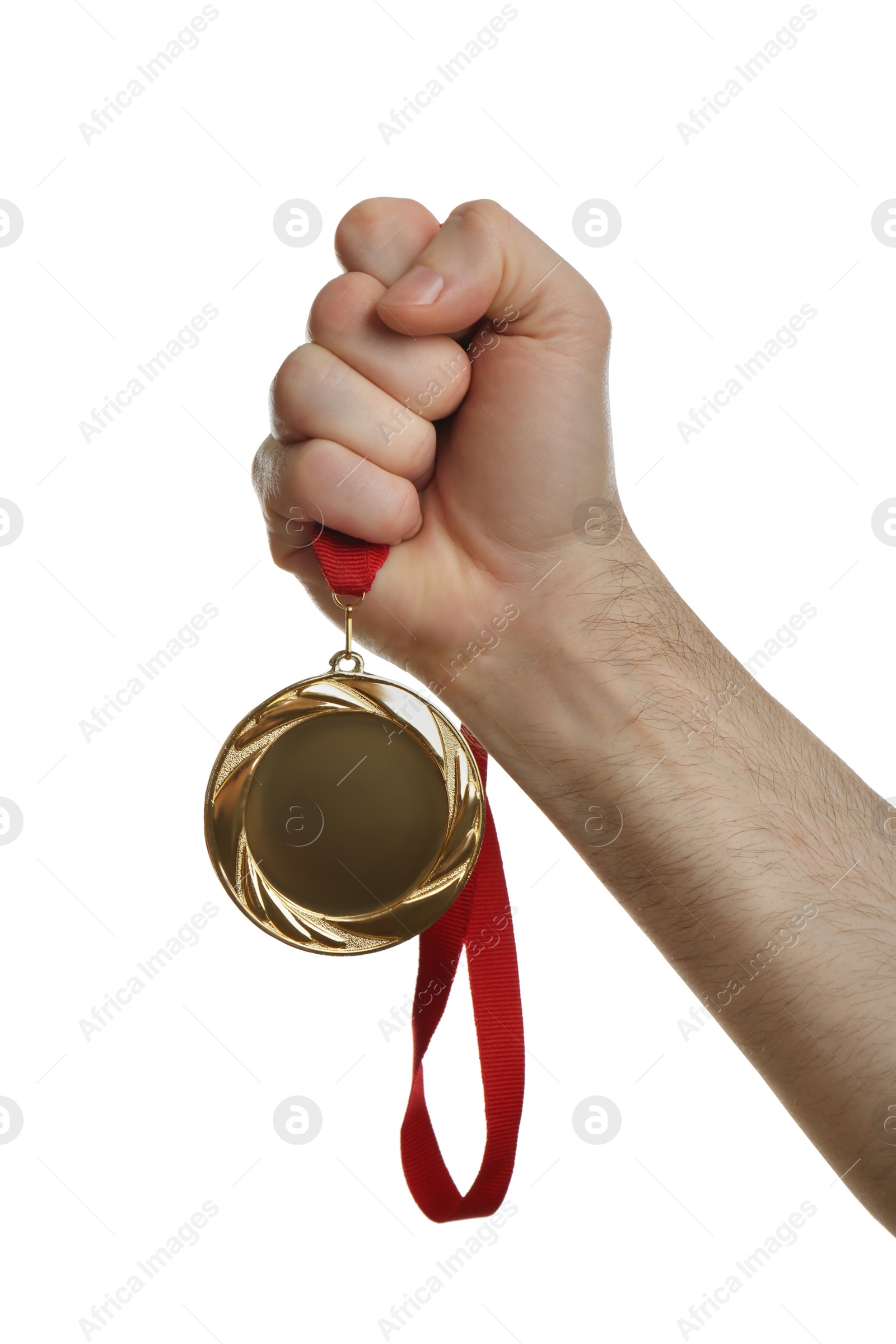 Photo of Man holding golden medal on white background, closeup. Space for design