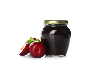 Jar of apple jam and fresh fruits on white background