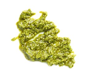 Photo of Sample of tasty pesto sauce isolated on white, top view