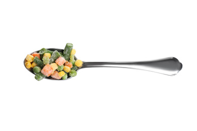 Photo of Frozen vegetables in spoon isolated on white, top view