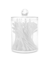 Photo of Cotton swabs in plastic jar on white background