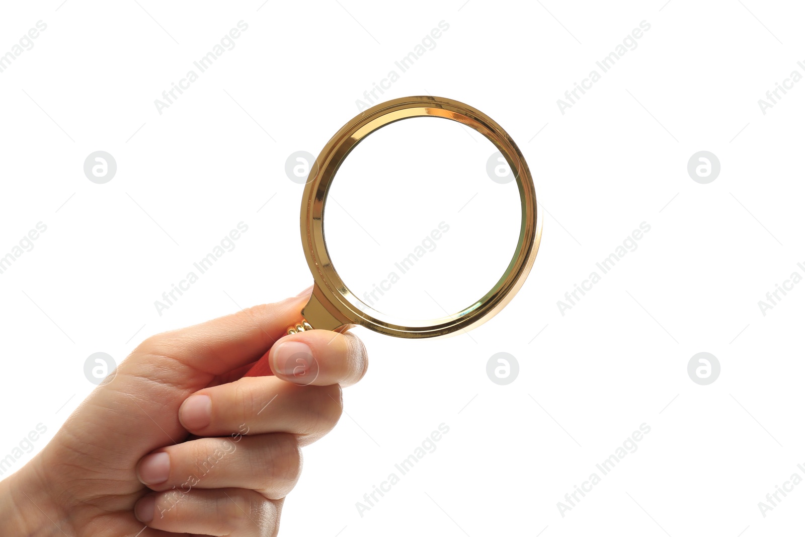 Photo of Woman holding magnifying glass on white background, closeup