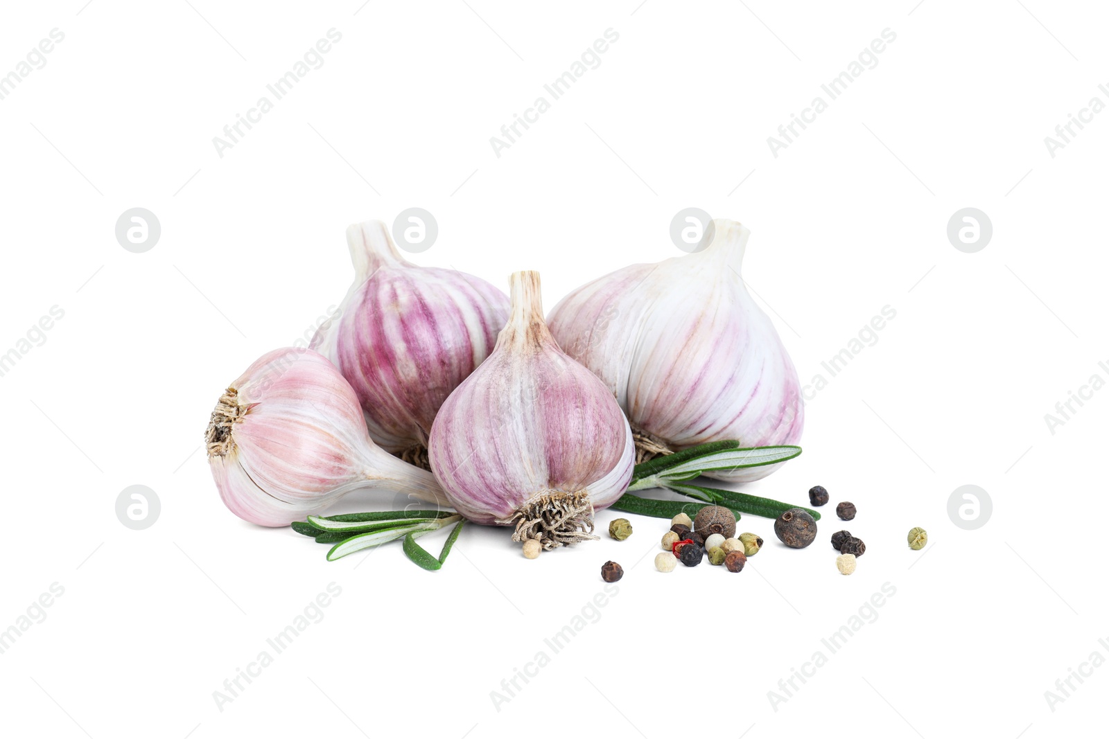 Photo of Fresh garlic bulbs, peppercorns and rosemary isolated on white