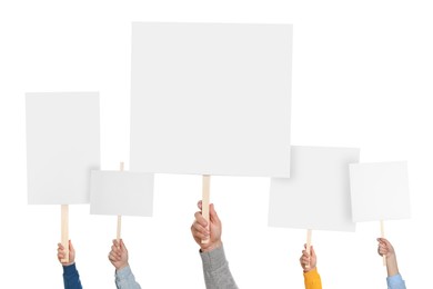 Image of Group of people holding blank protest signs on white background, closeup