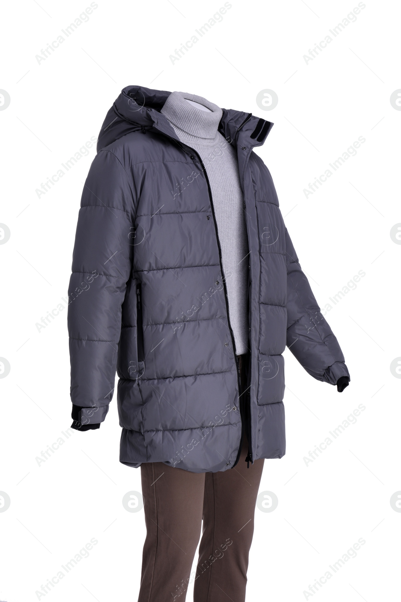 Photo of Male mannequin dressed in stylish grey jacket, turtleneck and pants isolated on white