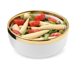 Photo of Tasty baby corn with tomatoes, arugula and capers isolated on white