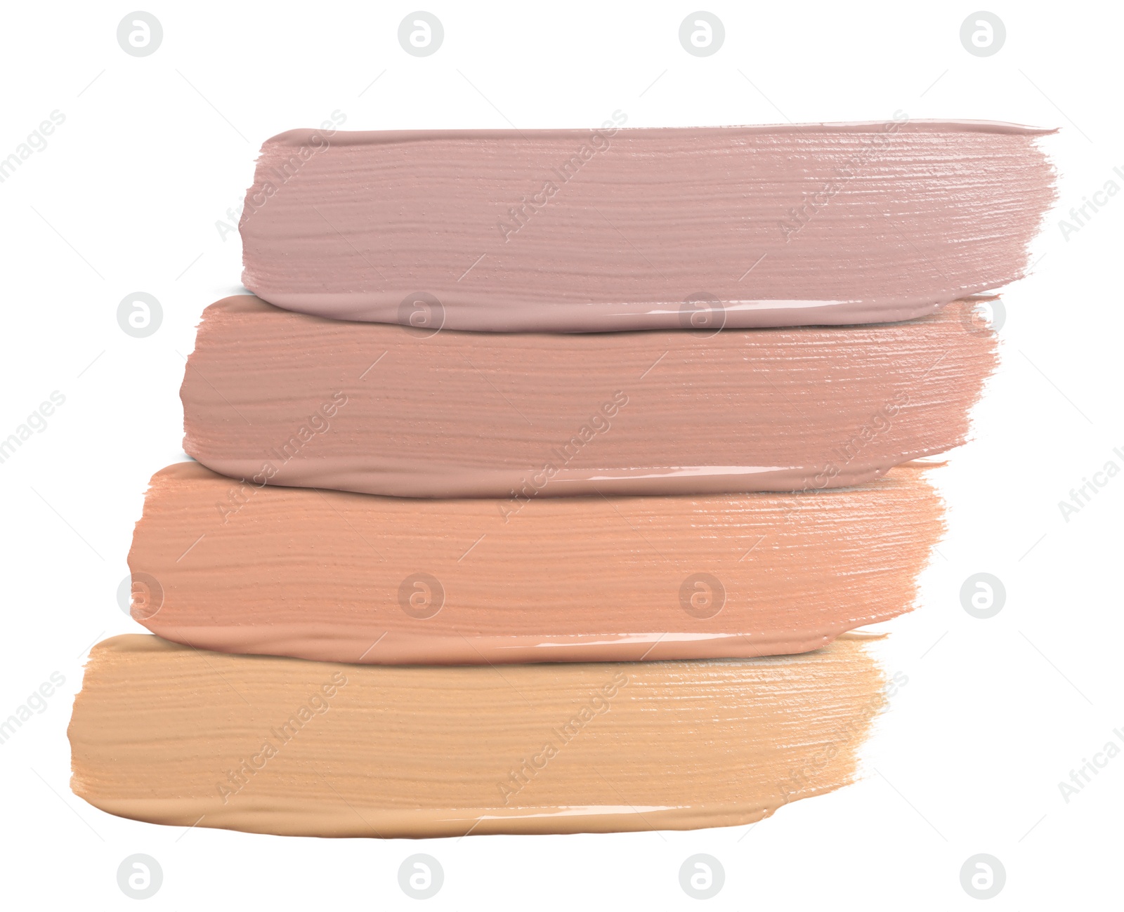 Image of Foundation of various shades for different skin tones isolated on white, top view. Set of samples