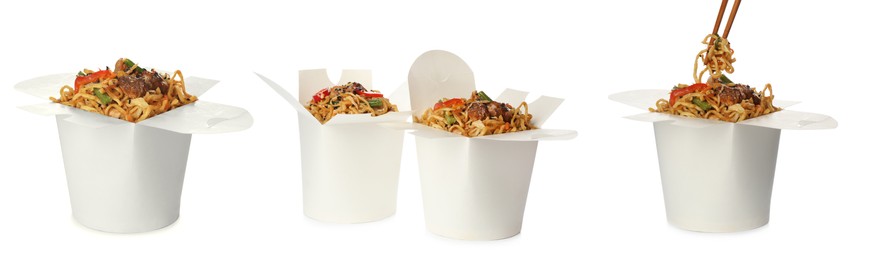 Set with boxes of tasty wok noodles on white background. Banner design