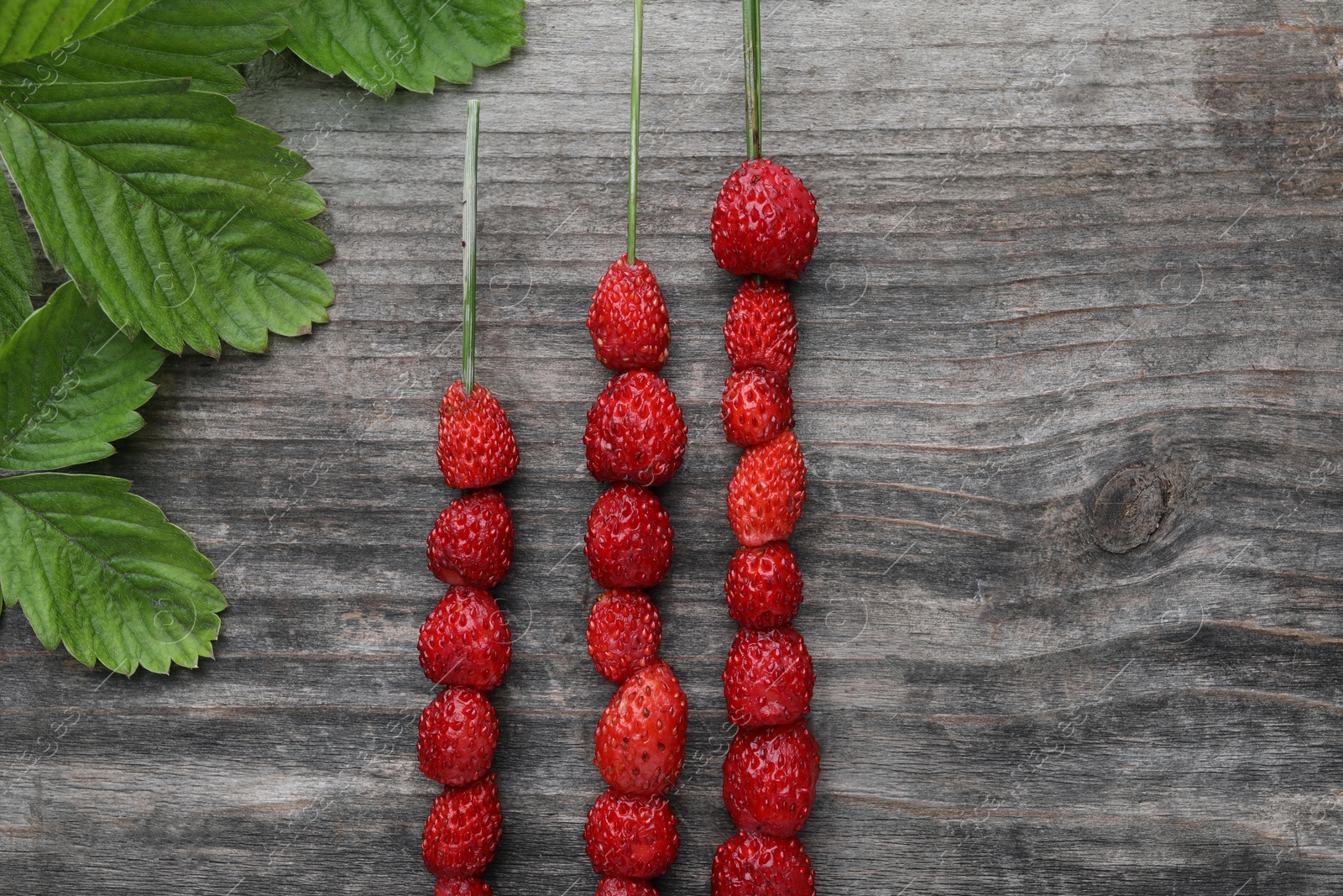 Photo of Grass stems with wild strawberries and leaves on wooden table, flat lay