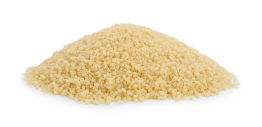 Photo of Pile of raw couscous on white background