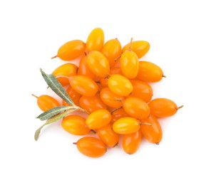Photo of Fresh ripe sea buckthorn berries with leaves on white background, top view