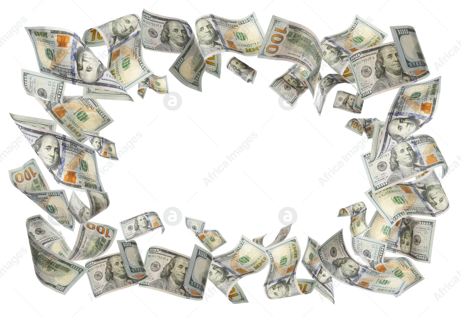 Image of Frame made of money on white background, space for text. Currency exchange