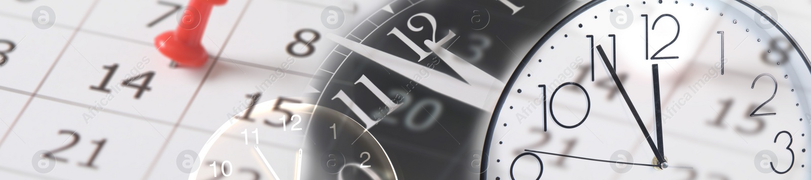 Image of Multiple exposure of clocks and calendar. Banner design